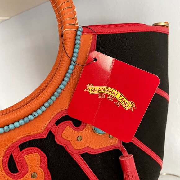 SHANGHAI TANG Leather & Canvas Tote Handbag Stones Tassels - Picture 7 of 8